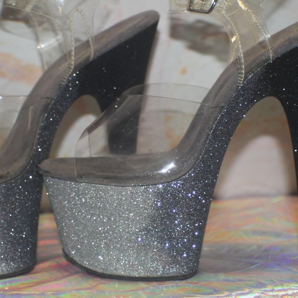 GRAY /BLACK GLITTER PLEASER HEELS - Picture 3 of 4